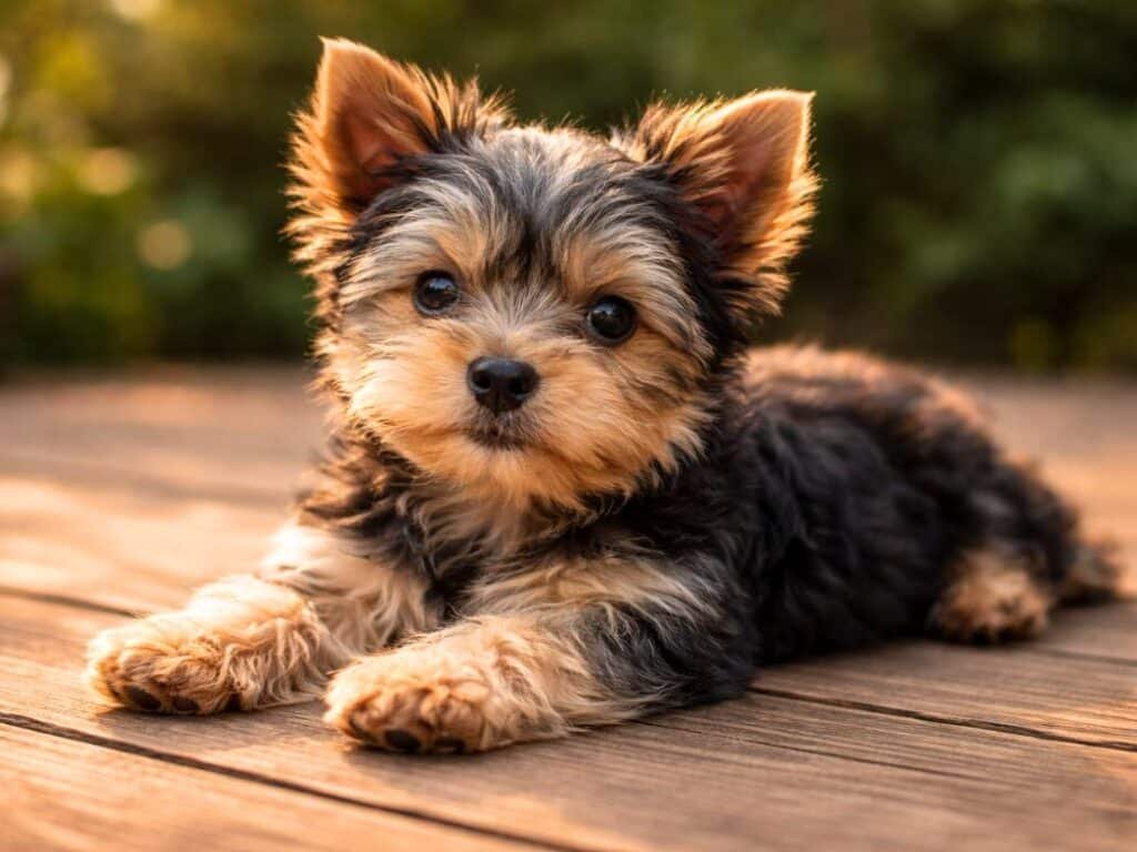 Male Yorkshire Terrier puppy lying relaxed on a sunlit wooden deck