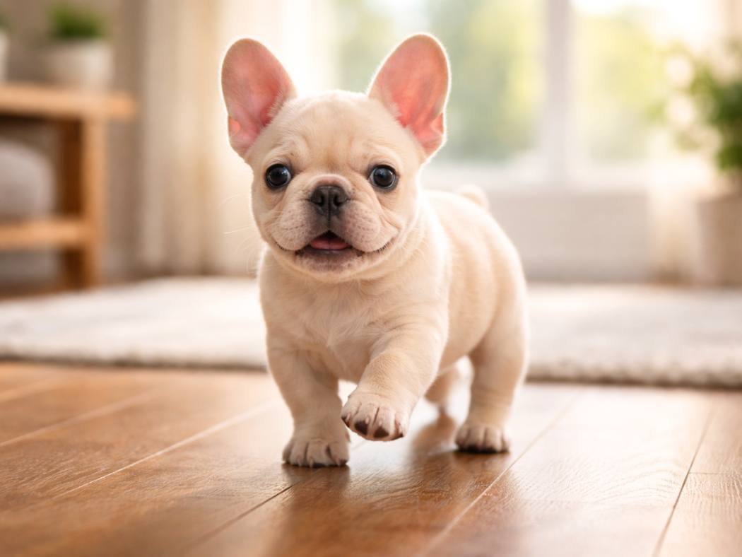 French Bulldog puppy standing proudly on a wooden floor in a cozy sunlit living room.