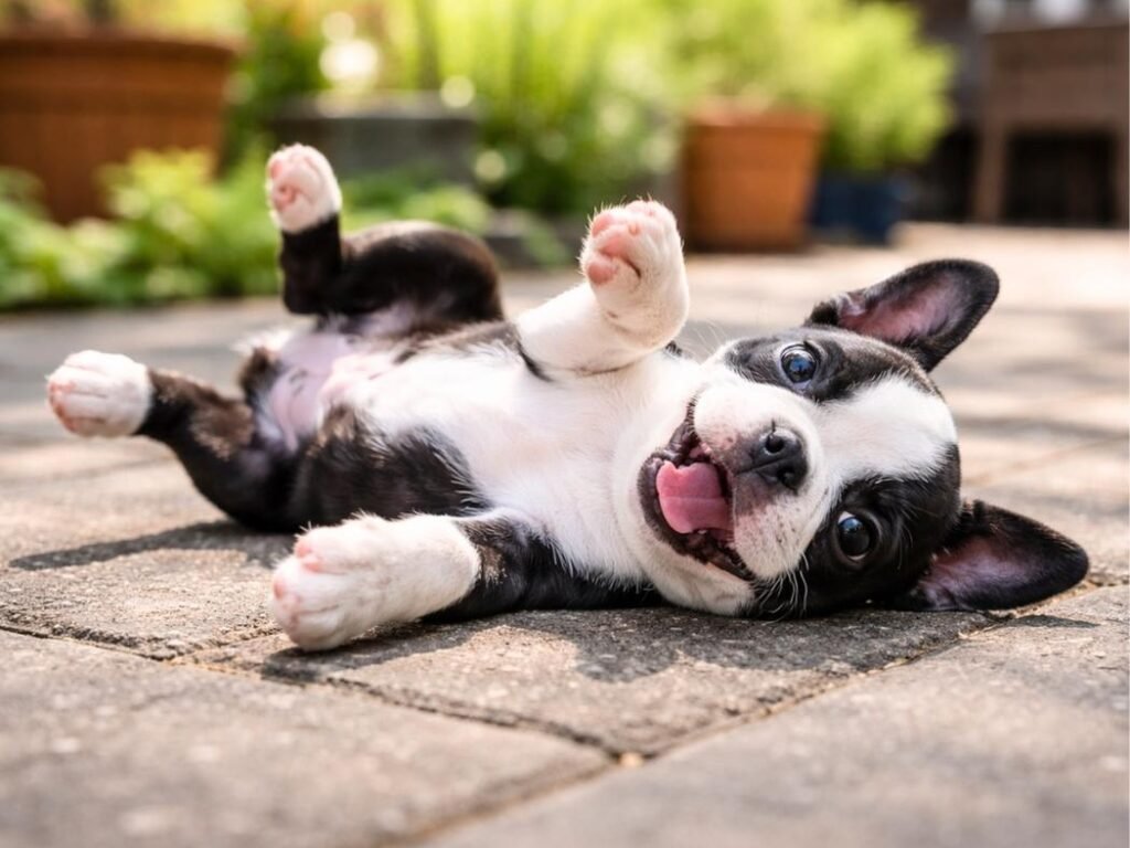 Black and white Boston Terrier puppy rolling on its back in the backyard