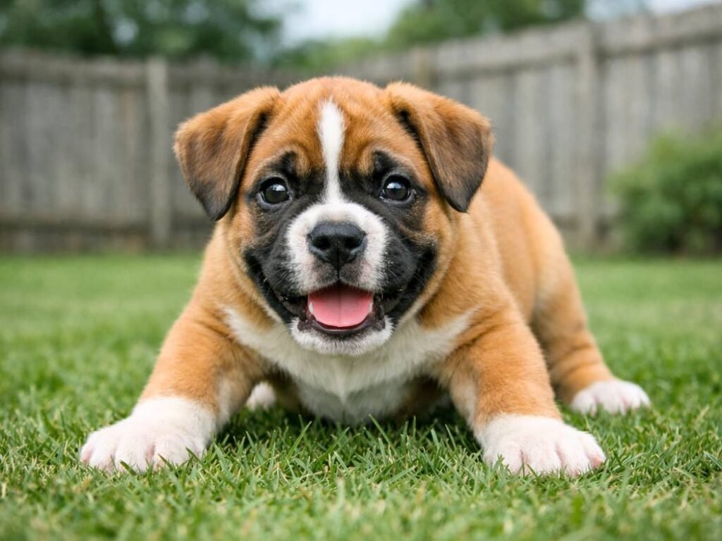 Playful Boxer puppy crouching on green grass in a backyard, showing the breed’s goofy and energetic personality