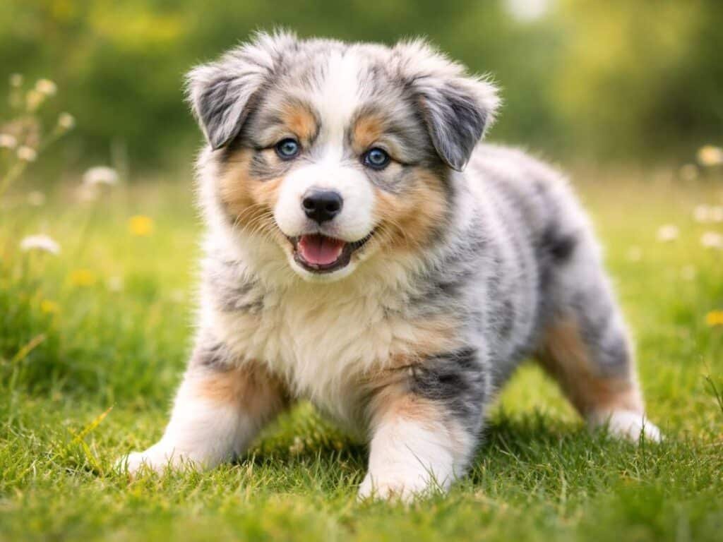 Playful male Australian Shepherd puppy in a grassy meadow, alert and cheerful
