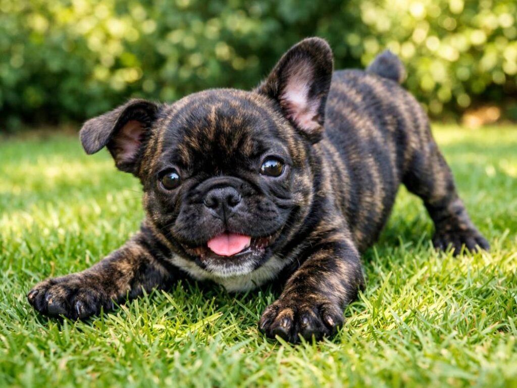 Goofy brindle male French Bulldog puppy in a playful pounce pose on a backyard lawn.
