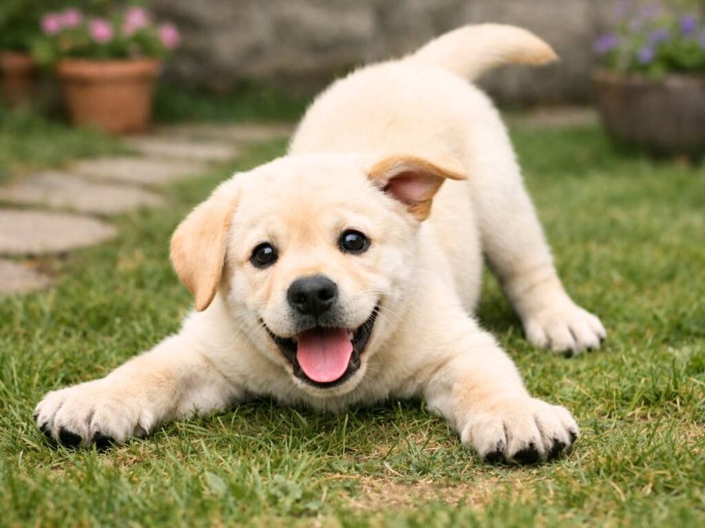 Goofy male Labrador puppy in a playful pounce stance on a backyard lawn with a funny excited expression.