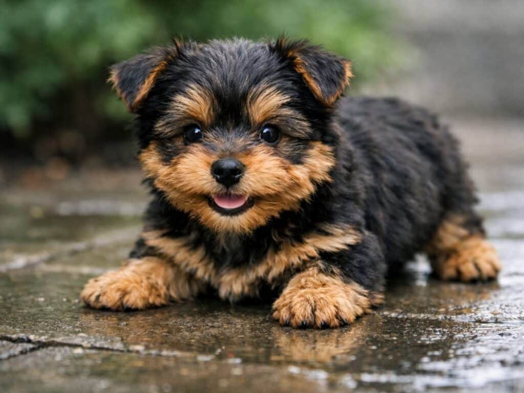 Playful male Yorkshire Terrier puppy in a grounded crouch on a stone patio