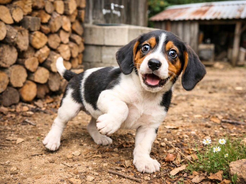 Treeing Walker Coonhound puppy mid-step in a country backyard near a tin-roof shed and firewood stack.