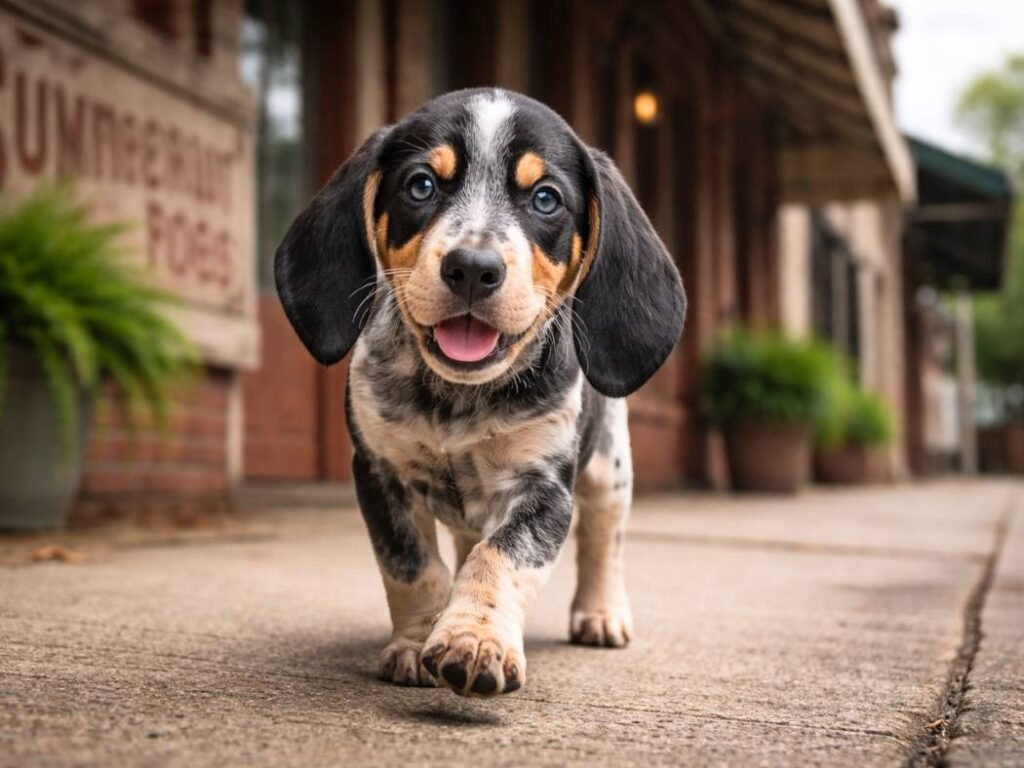 Bluetick Coonhound puppy walking on a small-town Southern sidewalk near a rustic brick storefront.