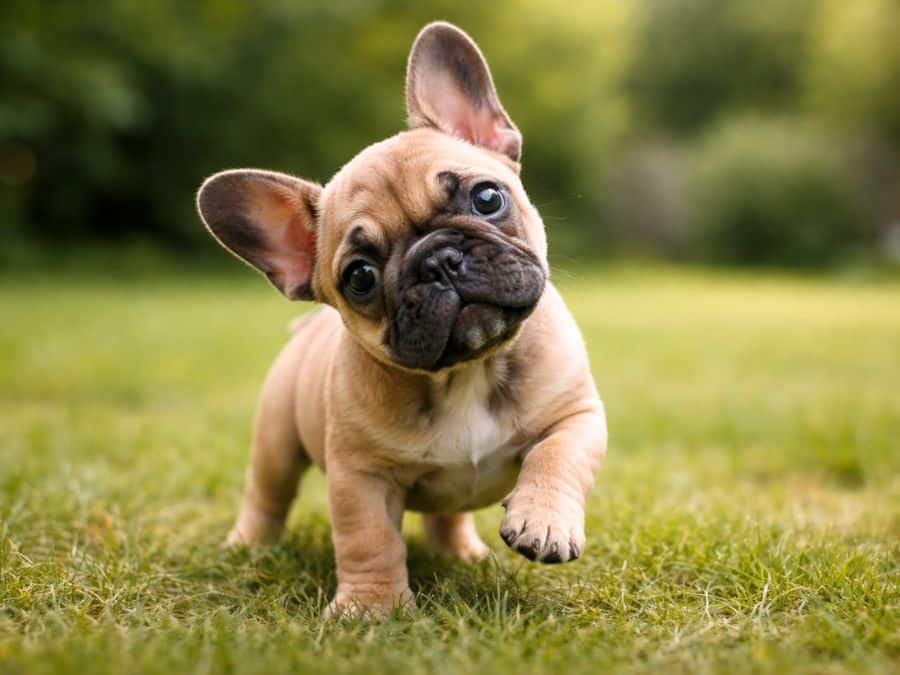 French Bulldog puppy tilting its head playfully in a backyard