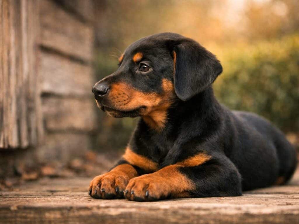 European-style Doberman Pinscher puppy resting calmly in front of a rustic garden shed