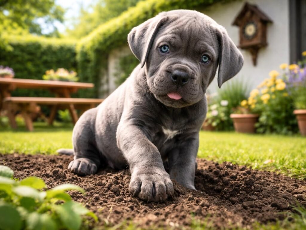 Cane Corso puppy sitting in a backyard with German-style decor, gently pawing at the ground.