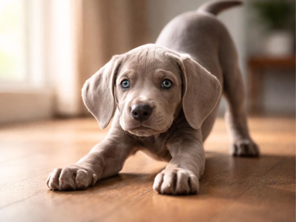 Weimaraner puppy in a playful bow indoors on a wooden floor