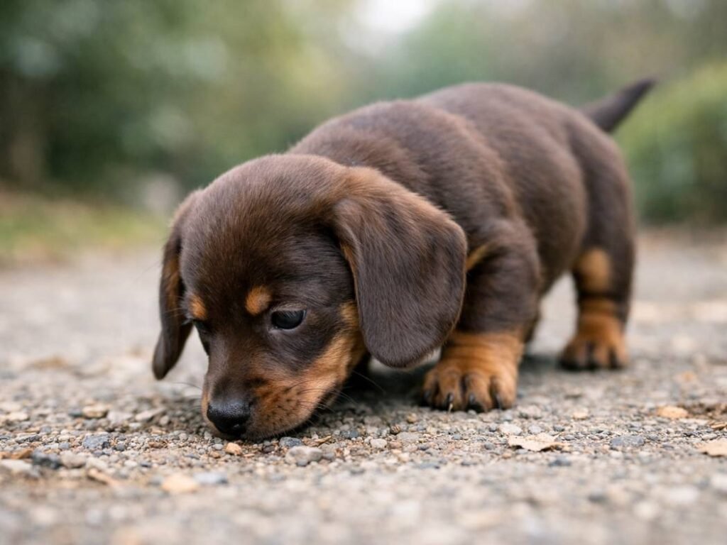 Curious male Dachshund puppy sniffing a park pathway outdoors.