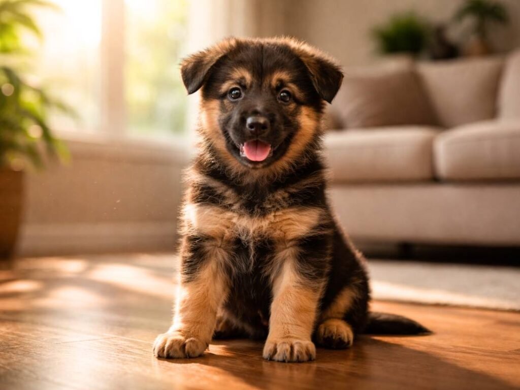 German Shepherd puppy sitting on a wooden floor in a cozy sunlit living room