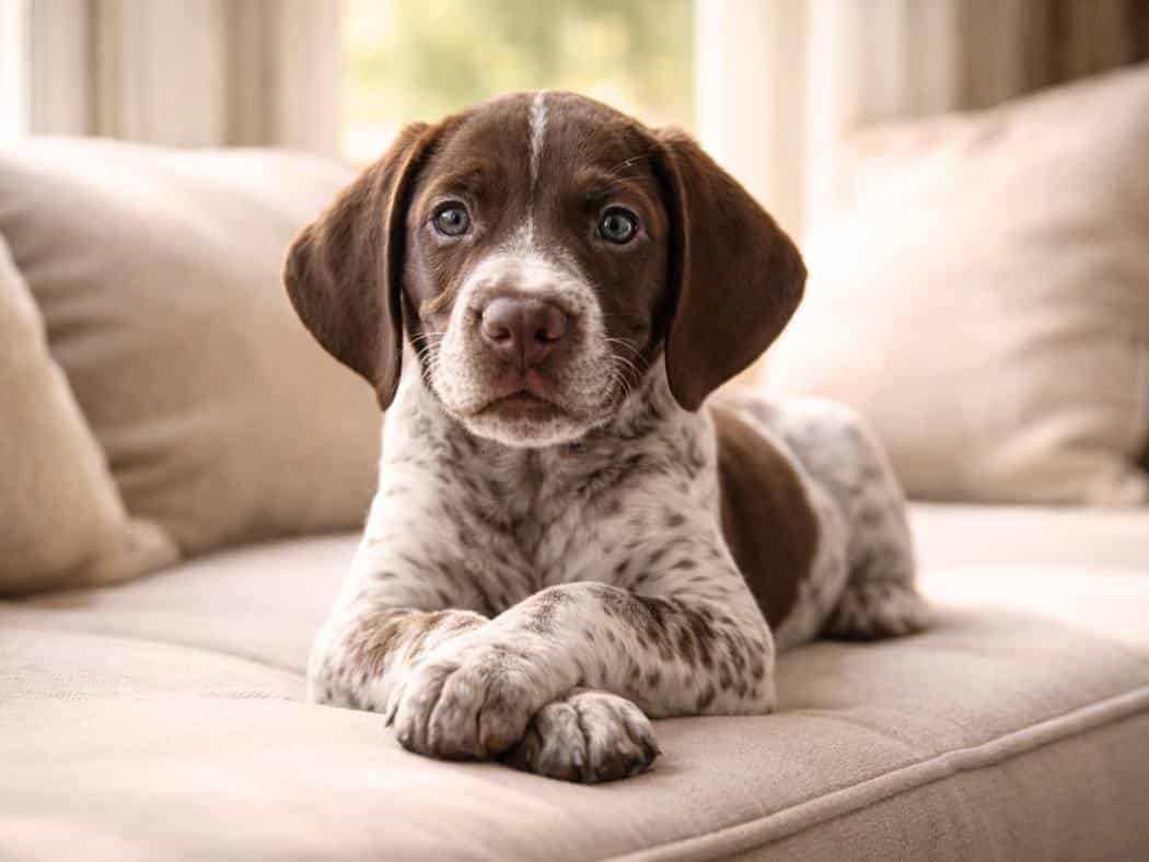 German Shorthaired Pointer puppy sitting calmly indoors with bright, friendly expression