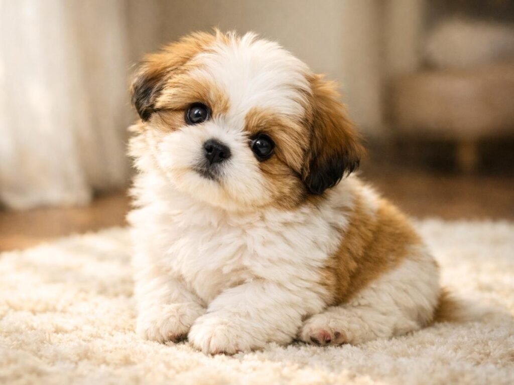 Fluffy Shih Tzu puppy sitting on a soft rug with a cute head tilt near a sunny window.