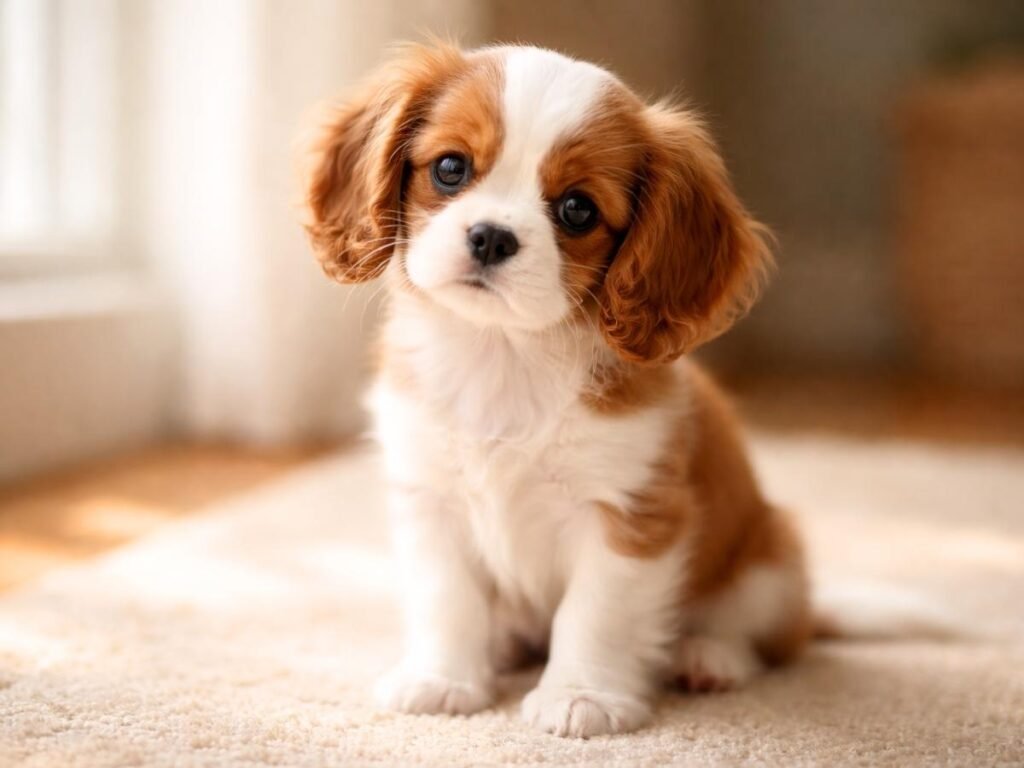 Alt text:
Cavalier King Charles Spaniel puppy sitting on a rug with a sweet head tilt near a sunny window
