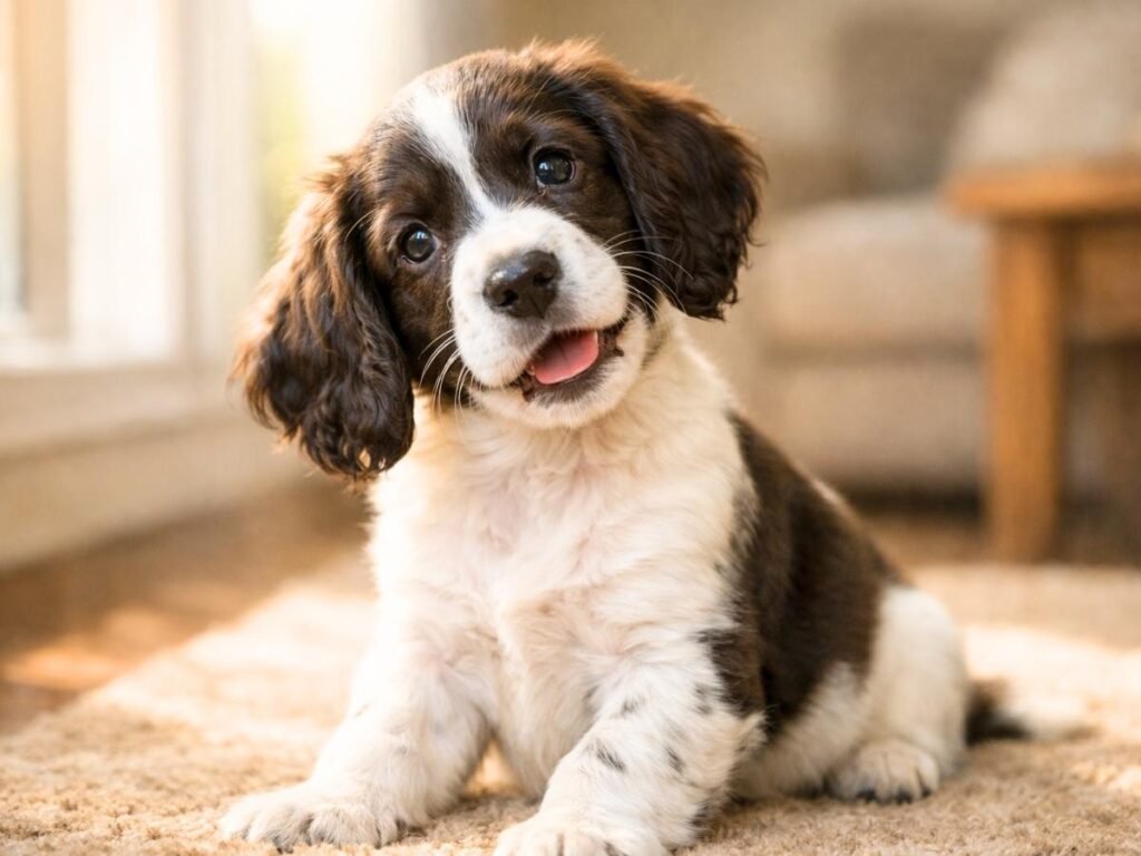 English Springer Spaniel puppy sitting on a rug with a cute head tilt indoors.