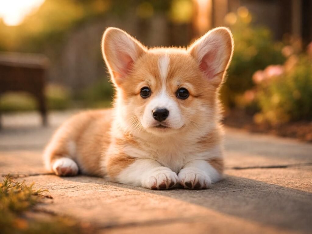 Pembroke Welsh Corgi puppy lying on the grass in a backyard with ears perked up.