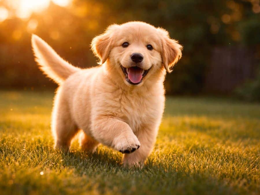 Golden Retriever puppy playing in the backyard with sunlight highlighting its golden coat