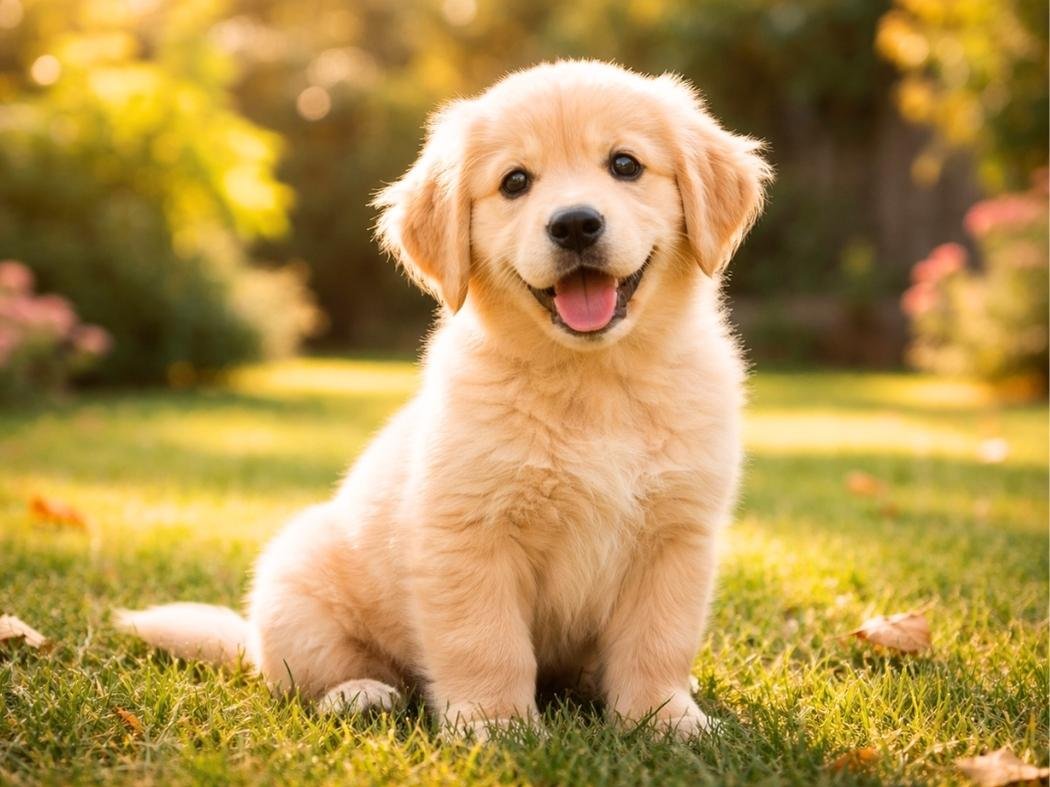 Golden Retriever puppy sitting in a sunny backyard with a happy expression.