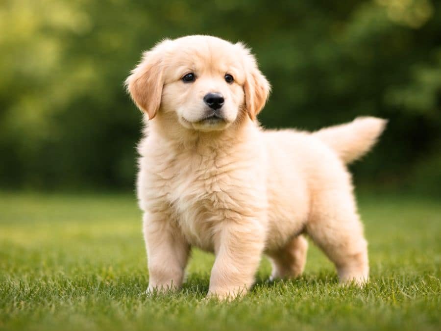 Golden Retriever puppy standing alert on green grass in a sunny backyard