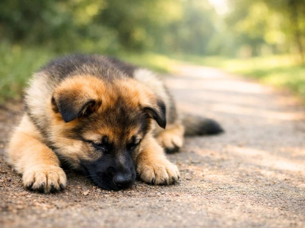 Calm male German Shepherd puppy lying down on a park path in morning light while sniffing the ground.