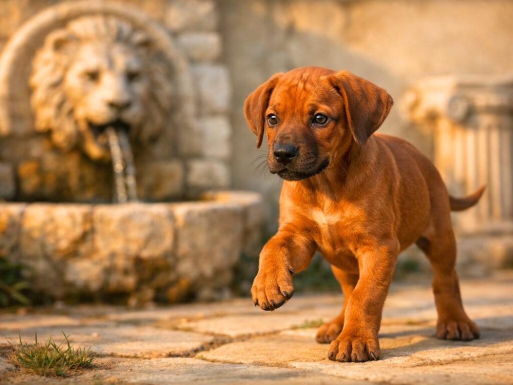 Rhodesian Ridgeback puppy in a Greek backyard near a lion head fountain and classical stone decor