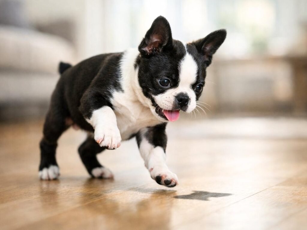 Boston Terrier puppy playfully hopping on a living room floor in bright natural light.