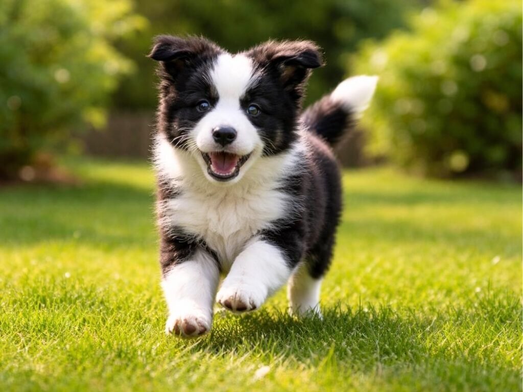 Black and white Border Collie puppy running on green grass in a sunny backyard