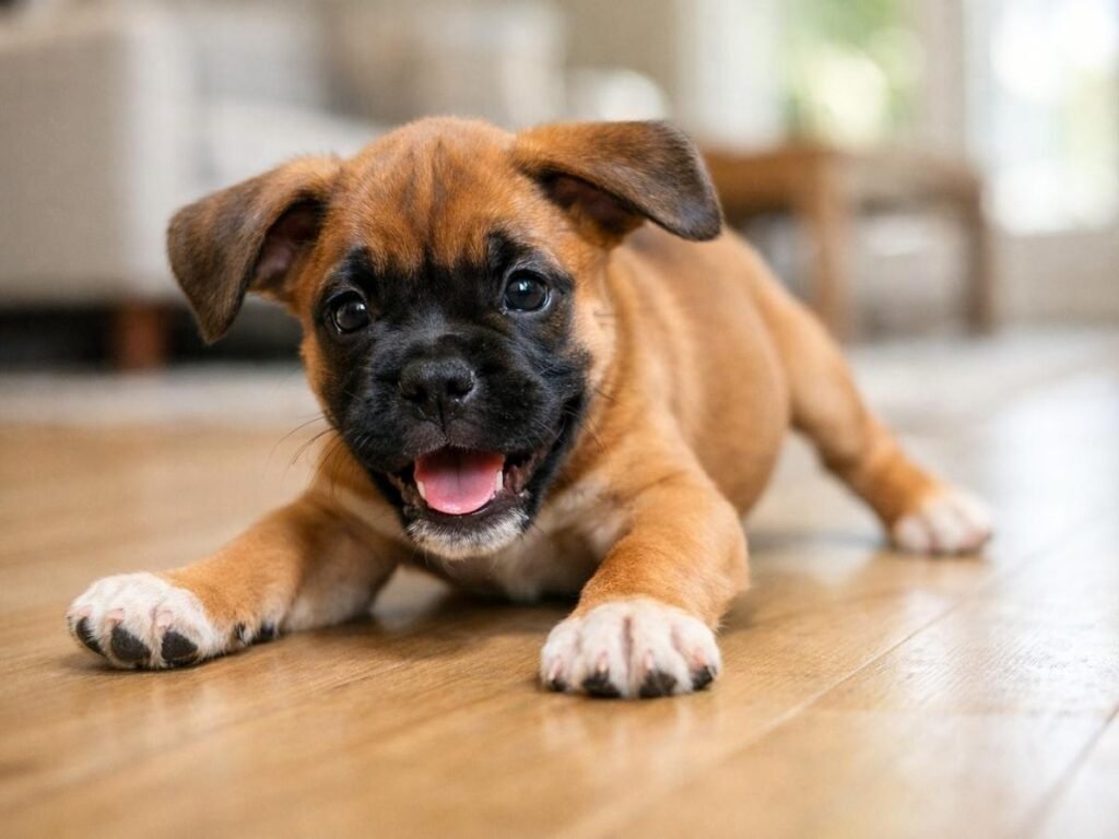 Boxer puppy sliding playfully on a wooden floor indoors in a bright living room