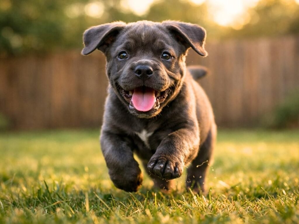 Cane Corso puppy running in a sunny backyard with a happy expression