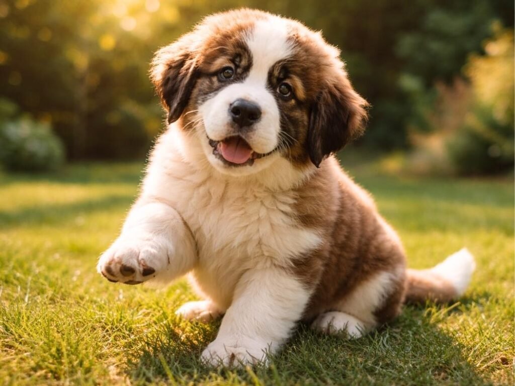Saint Bernard puppy sitting in a sunny backyard with one paw lifted