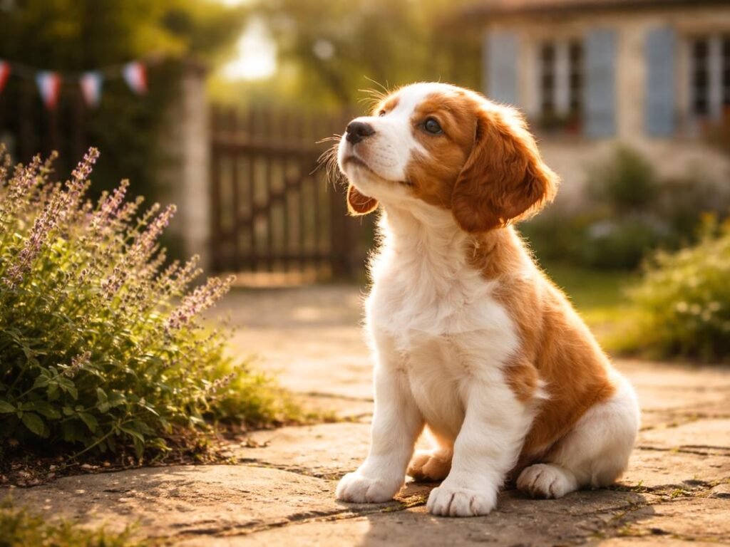 Brittany puppy sitting on a backyard patio with French countryside decor and lavender