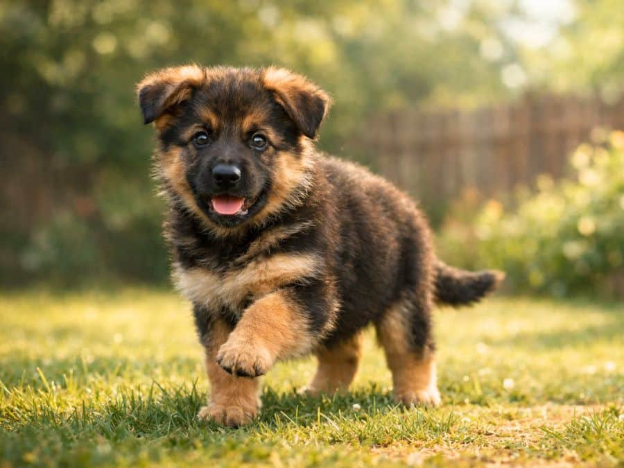 Curious German Shepherd puppy exploring a sunny backyard garden
