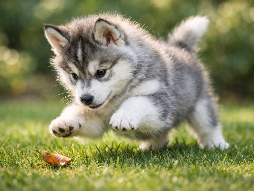 Grey Siberian Husky puppy pouncing on a leaf in a sunny backyard lawn.
