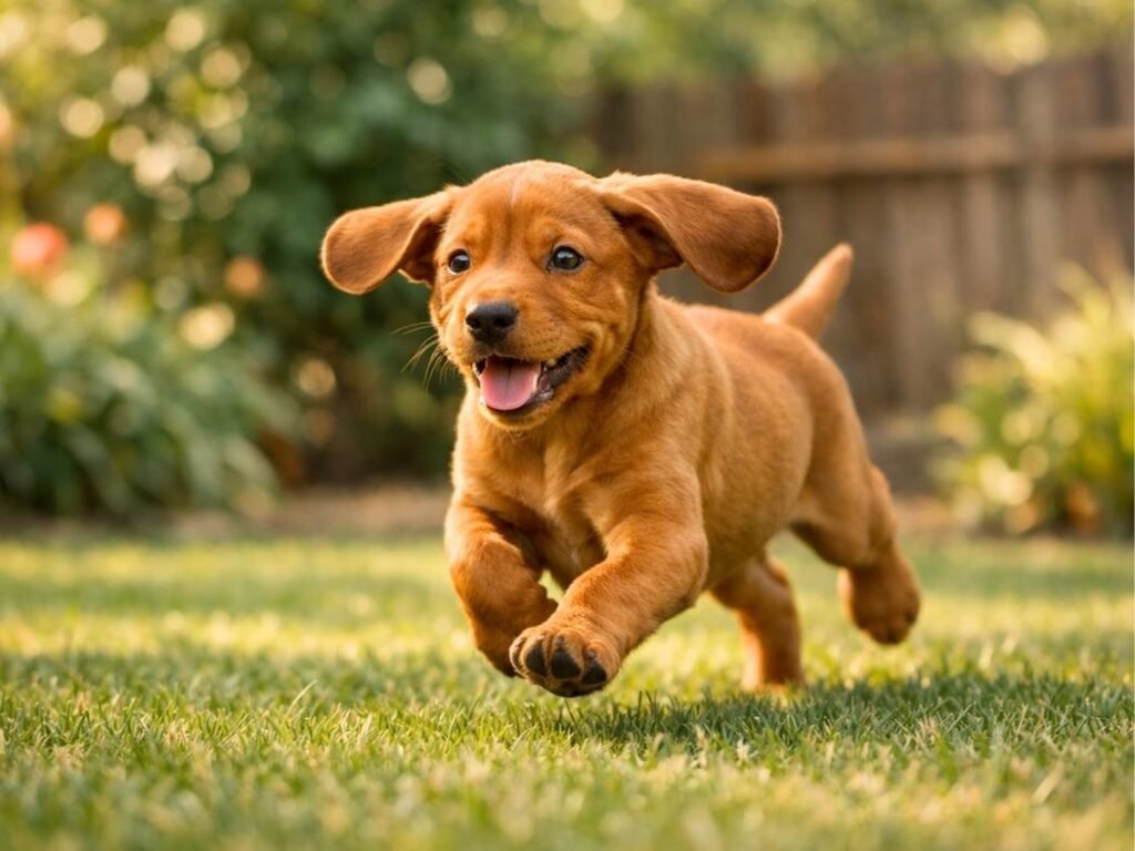 Vizsla puppy running in a sunny backyard with a playful expression