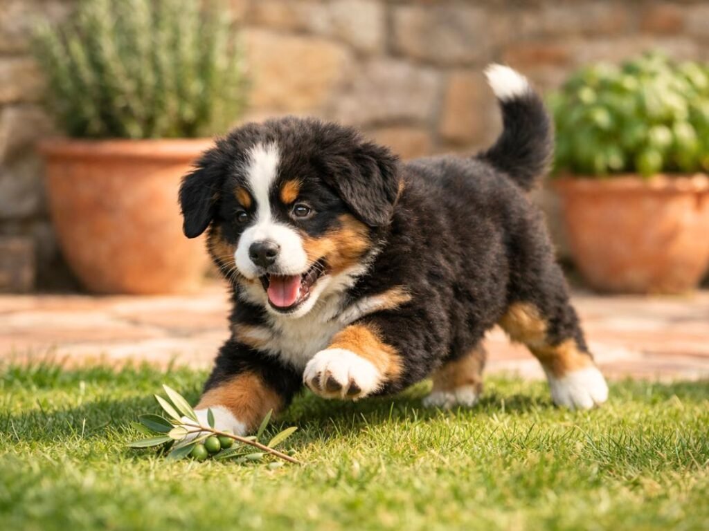 Bernese Mountain Dog puppy playing in a sunny Italian-style backyard near a rustic stone patio.