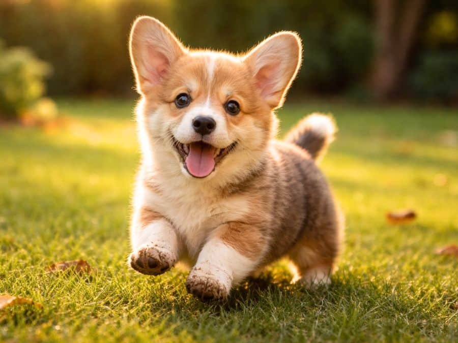 Happy Pembroke Welsh Corgi puppy playing in a sunny backyard