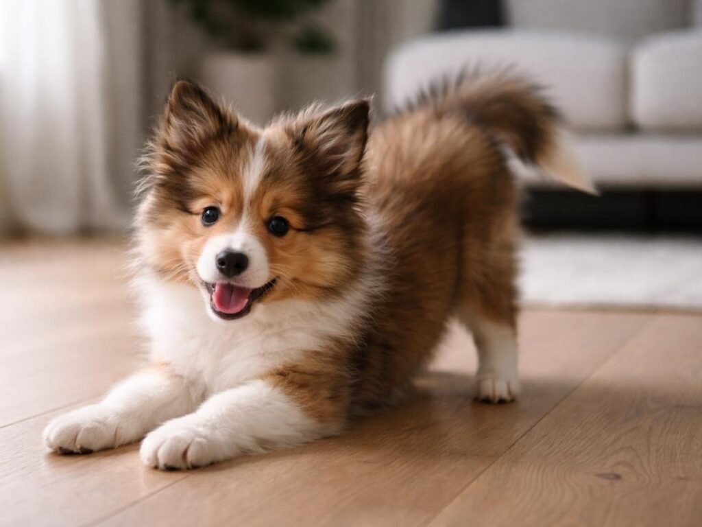 Shetland Sheepdog puppy doing a playful bow indoors in a bright living room.