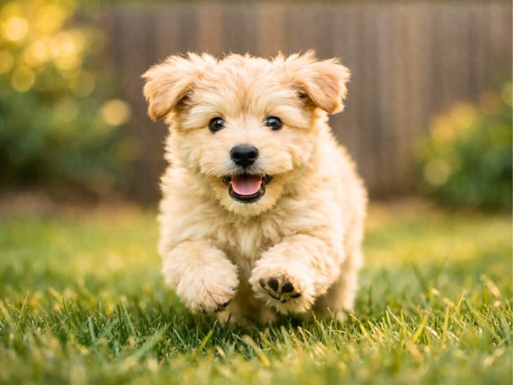 Soft Coated Wheaten Terrier puppy running across green grass in a sunny backyard.