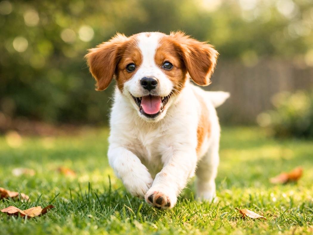 Spotted Brittany puppy running in a sunny backyard with a happy expression.