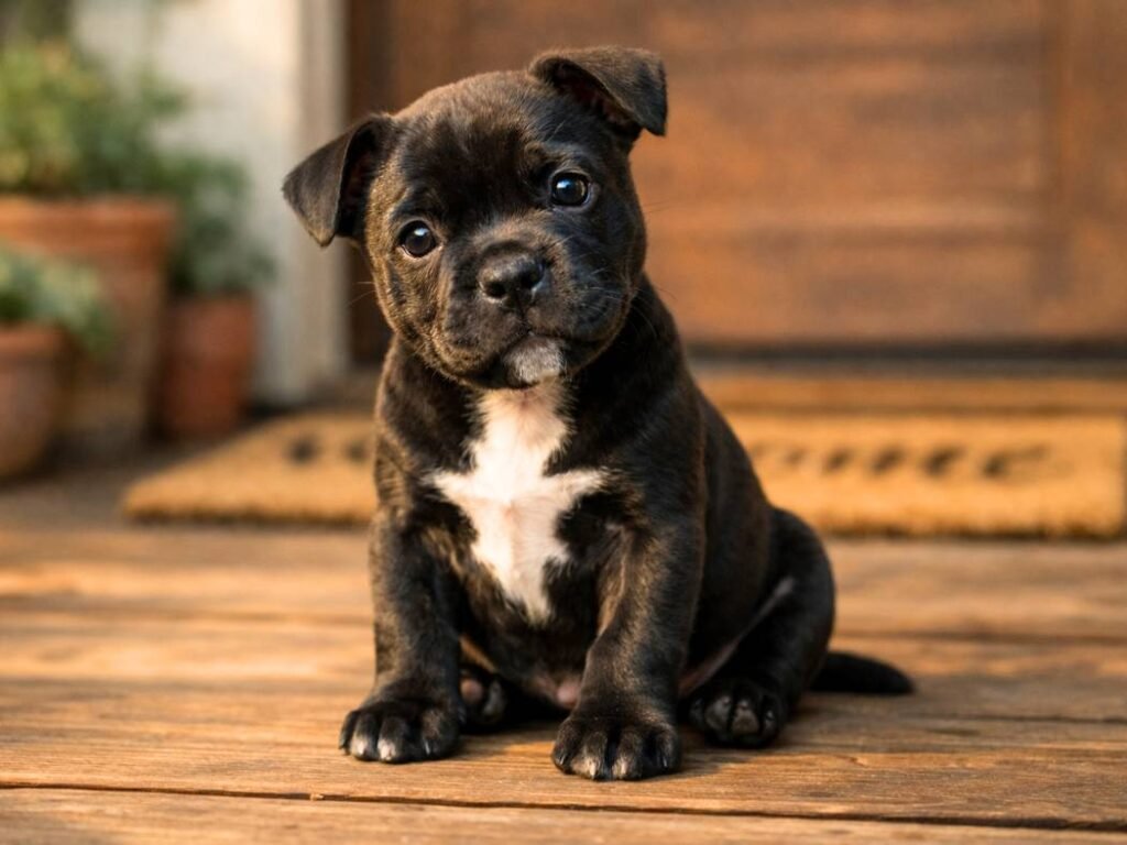 Staffordshire Bull Terrier puppy sitting on a sunlit porch, looking curious and alert