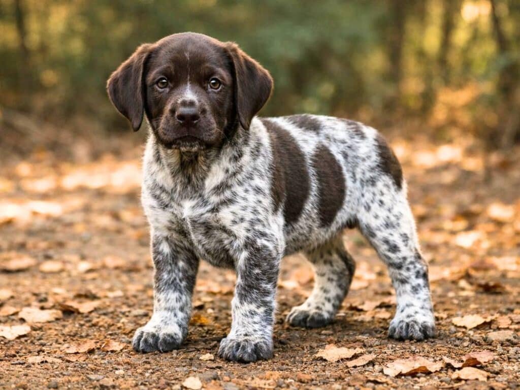 German Shorthaired Pointer puppy standing alert in a forest-edge clearing