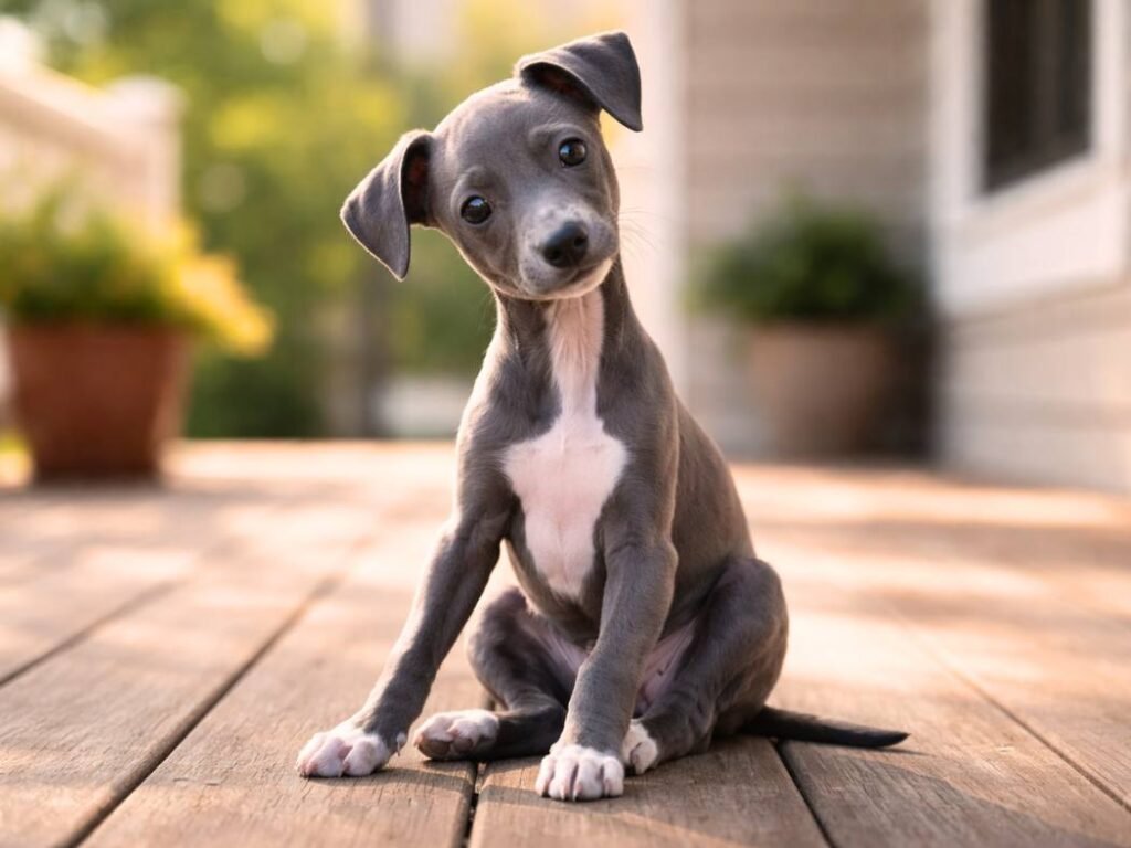 Italian Greyhound puppy sitting clumsily on a sunlit front porch, head tilted curiously.