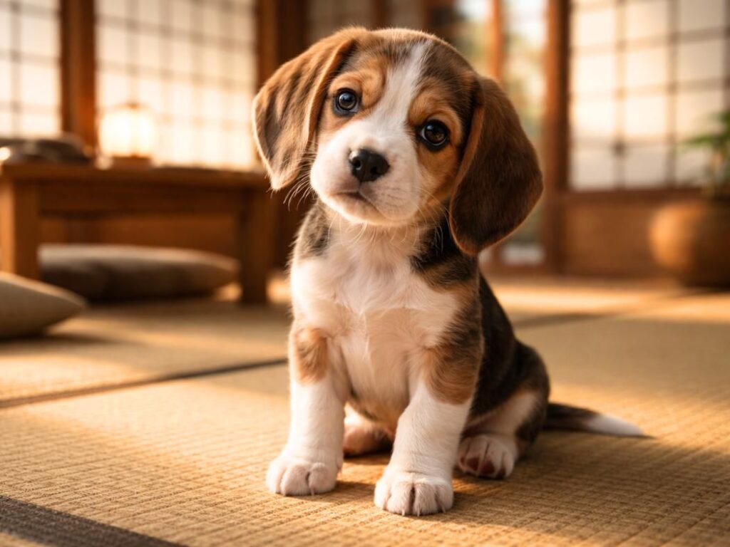 Beagle puppy sitting on a tatami mat in a Japanese-style room with shoji doors