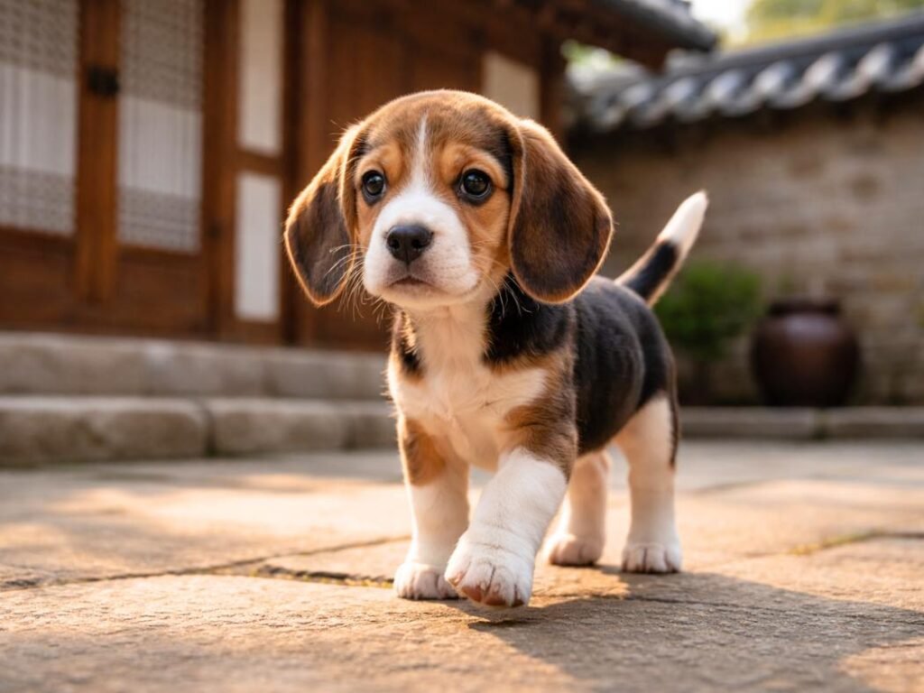 Beagle puppy standing in a traditional Korean hanok courtyard with wooden doors and tiled roof details