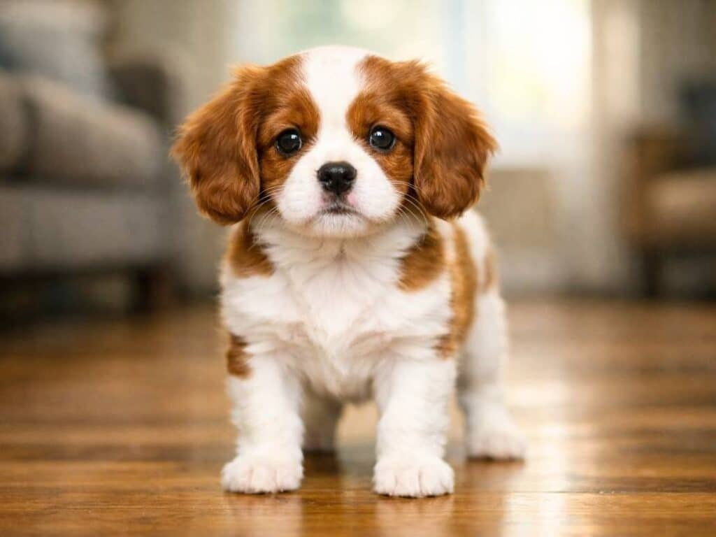 Male Cavalier King Charles Spaniel puppy standing confidently indoors with bright, friendly expression