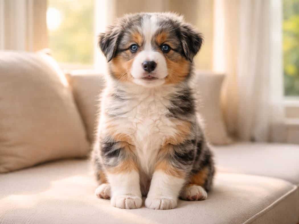 Male Australian Shepherd puppy sitting upright indoors in natural sunlight, happy and alert expression