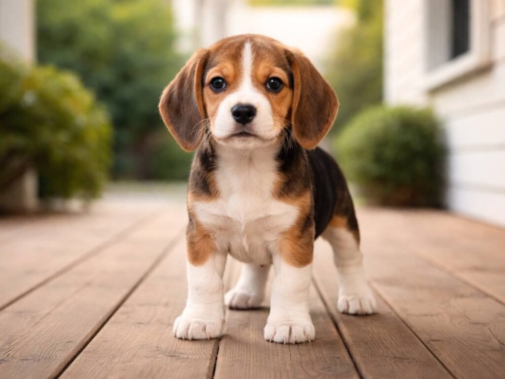 Male Beagle puppy standing calmly on a wooden front porch, looking straight ahead with a friendly and alert expression