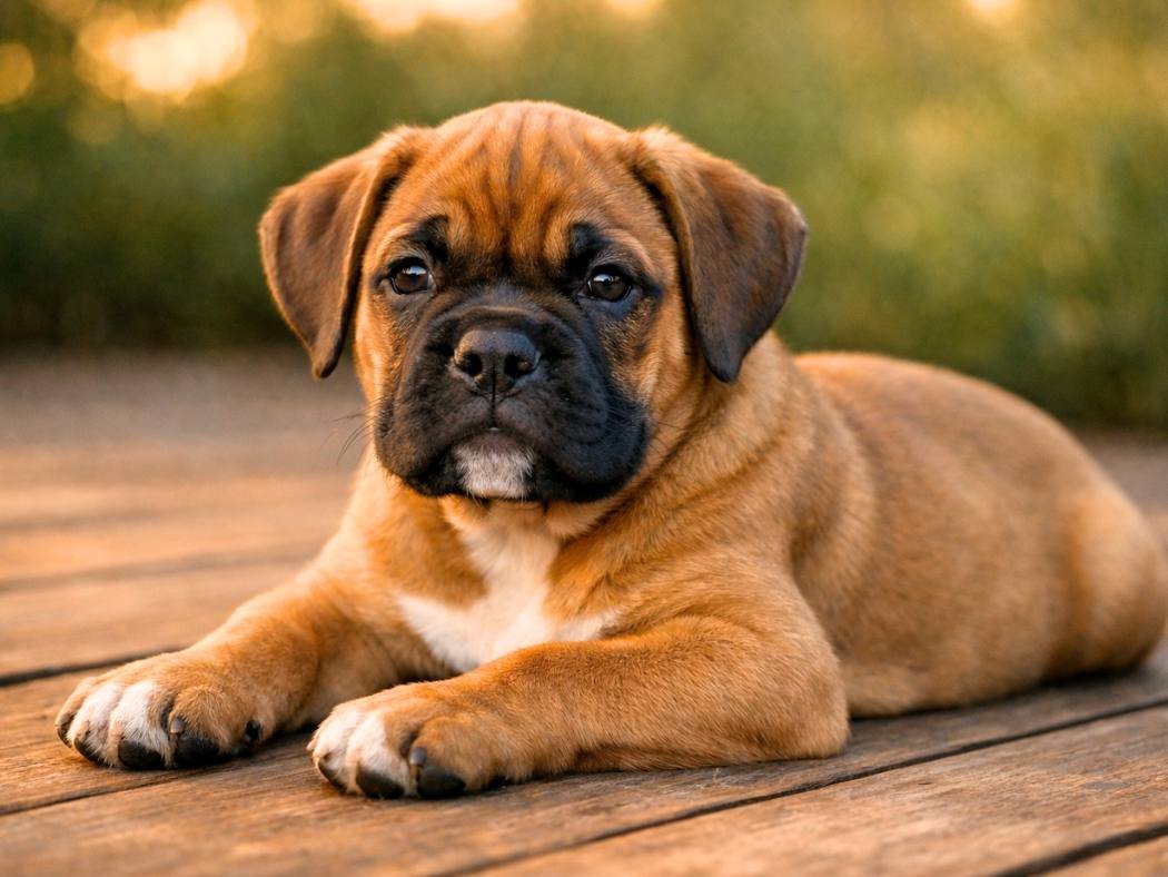 Male Boxer puppy resting calmly on a wooden deck during golden hour, with a relaxed posture and alert expression