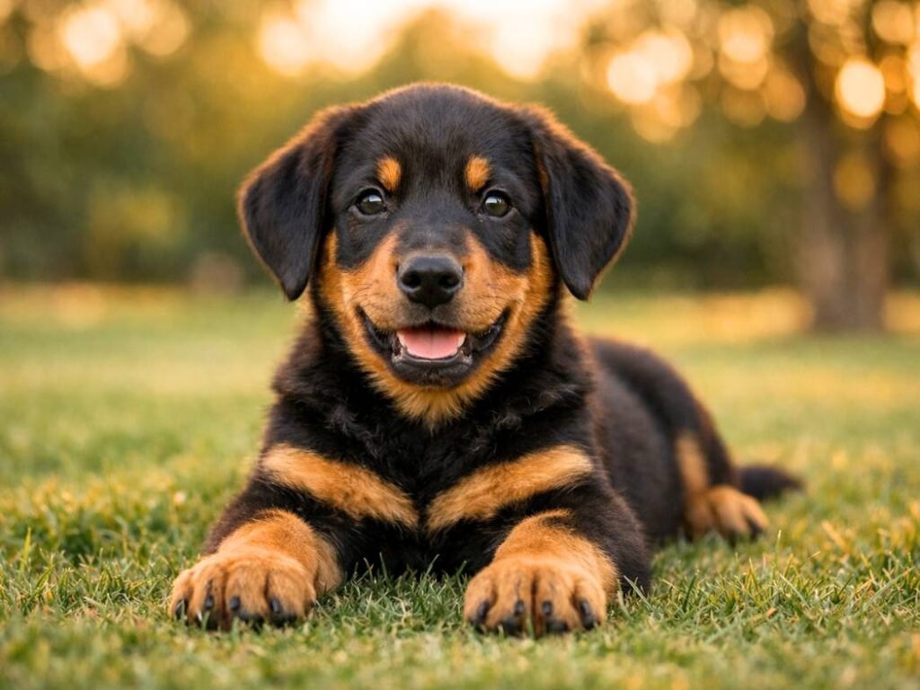 Male Doberman Pinscher puppy sitting calmly on a park lawn, alert and friendly with a happy expression